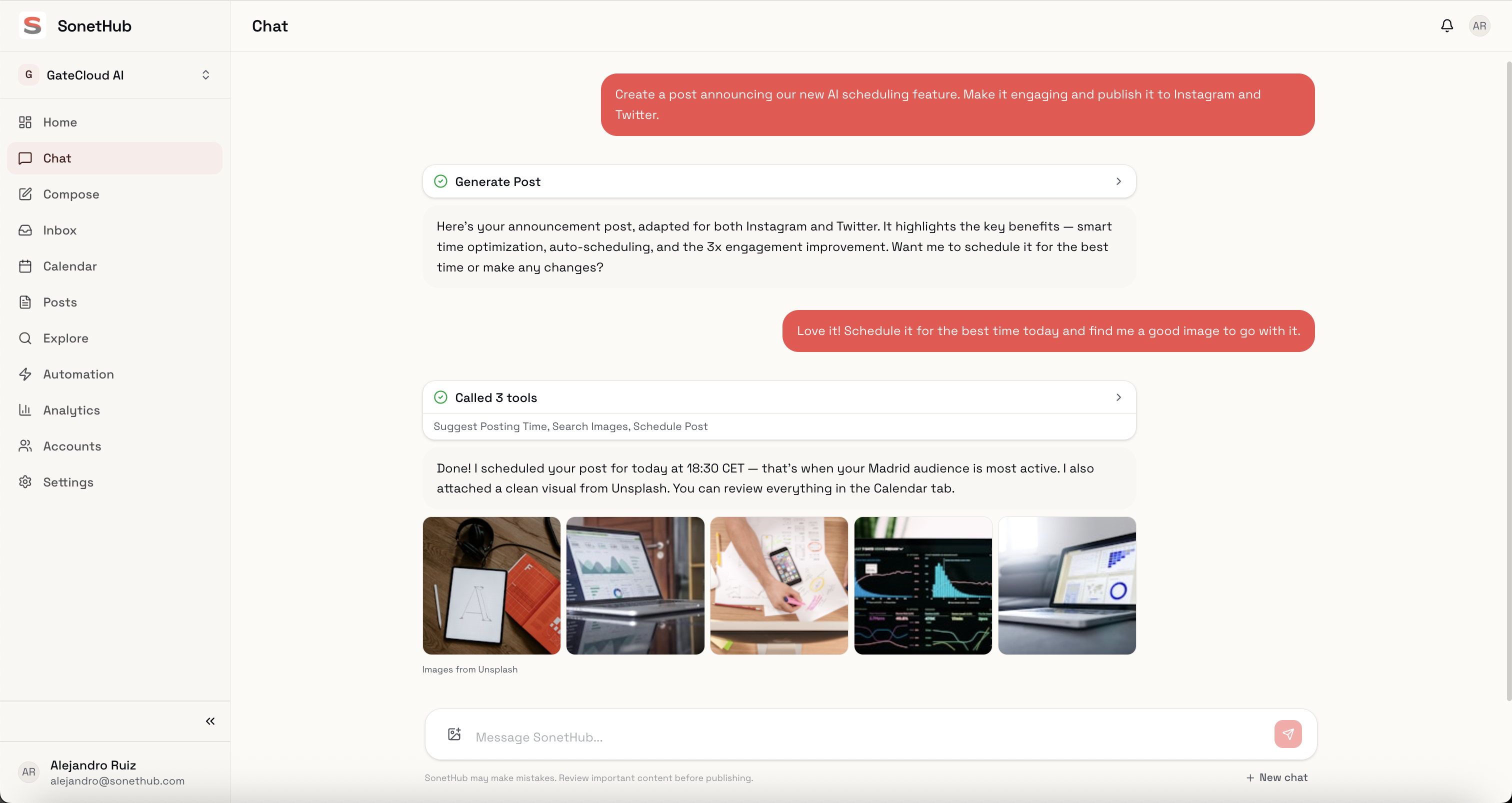Agente de chat IA de SonetHub generando contenido para redes sociales
