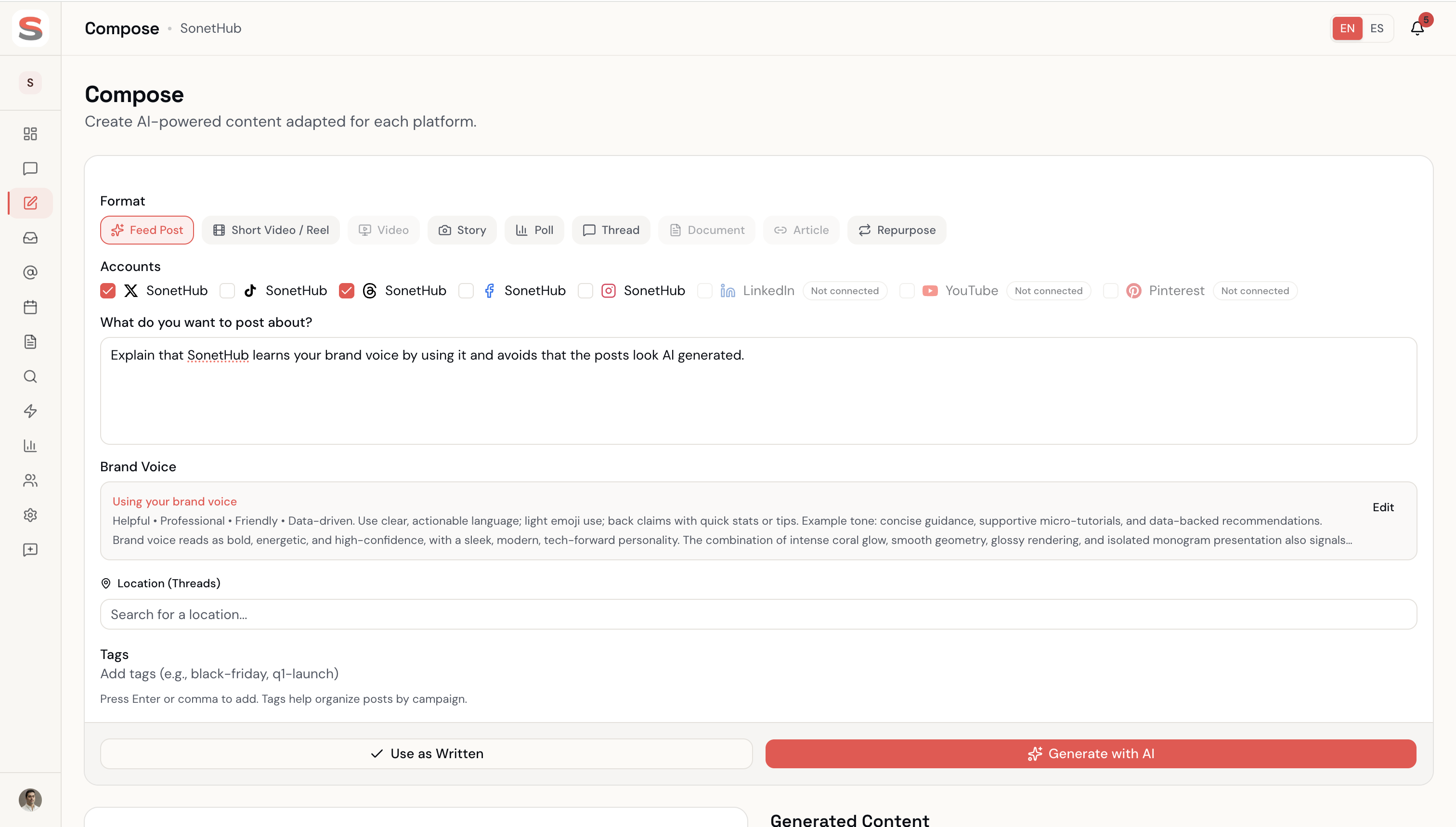 Página de composición de SonetHub con publicación multiplataforma